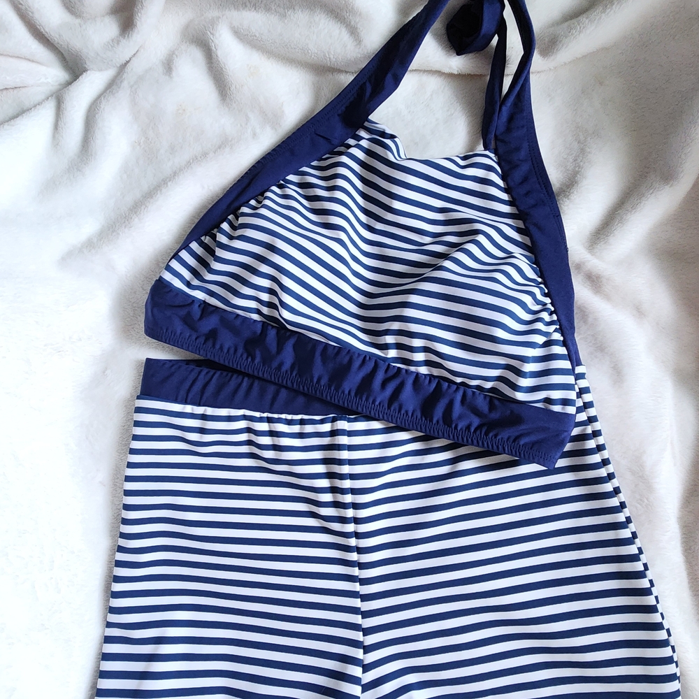 Vintage BETTIE PAGE navy and white Pin Up Style High Wasted Bikini Swimsuit
